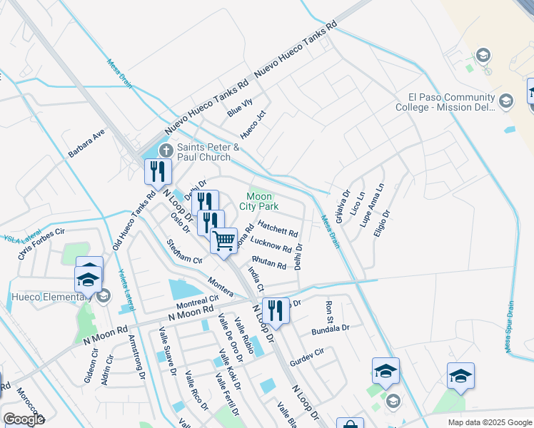 map of restaurants, bars, coffee shops, grocery stores, and more near 10217 Hatchett Road in Socorro