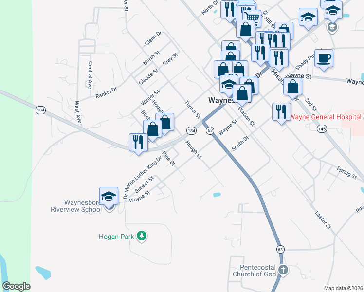 map of restaurants, bars, coffee shops, grocery stores, and more near 707 Hough Street in Waynesboro