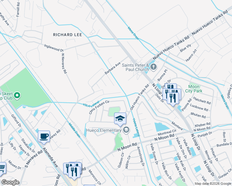 map of restaurants, bars, coffee shops, grocery stores, and more near 1047 Chris Forbes Circle in Socorro