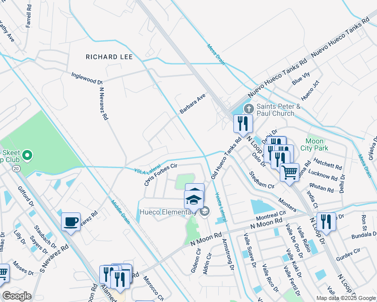 map of restaurants, bars, coffee shops, grocery stores, and more near 1047 Chris Forbes Circle in Socorro
