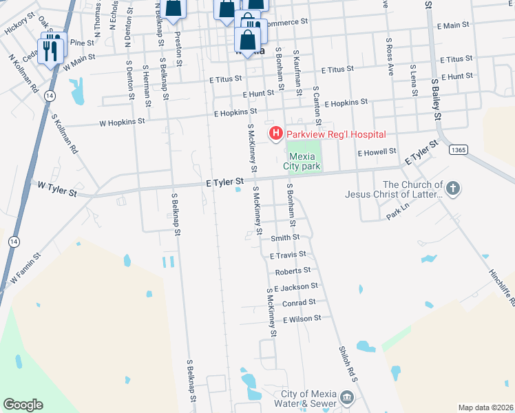 map of restaurants, bars, coffee shops, grocery stores, and more near South McKinney Street in Mexia