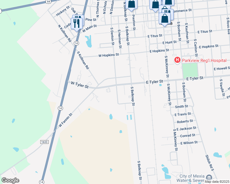map of restaurants, bars, coffee shops, grocery stores, and more near 717 South Denton Street in Mexia