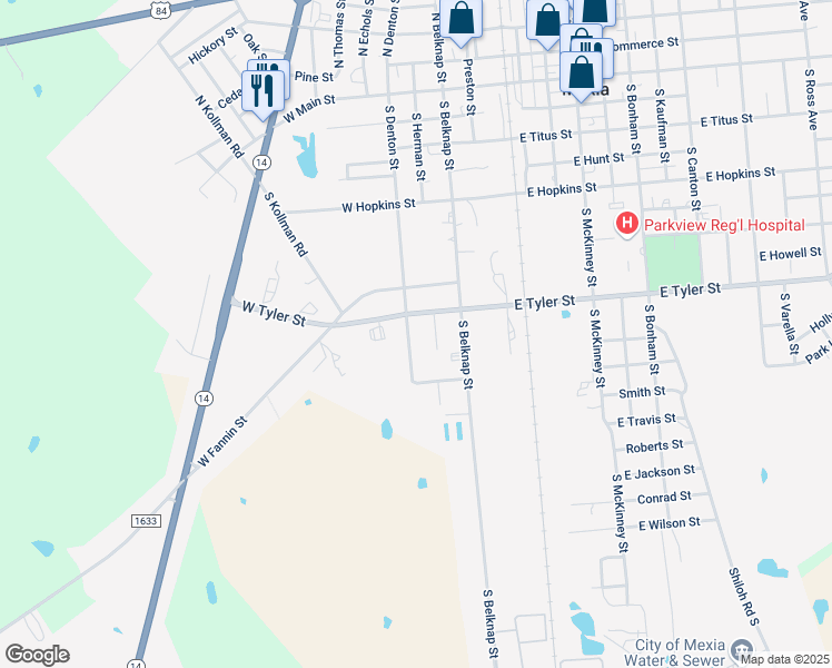 map of restaurants, bars, coffee shops, grocery stores, and more near 709 South Denton Street in Mexia