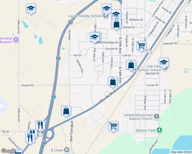map of restaurants, bars, coffee shops, grocery stores, and more near 56-98 Marie Dr in Laurel