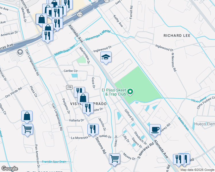 map of restaurants, bars, coffee shops, grocery stores, and more near 9781 Gifford Drive in El Paso
