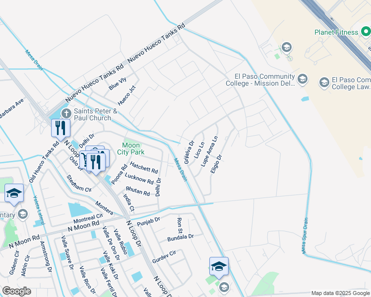 map of restaurants, bars, coffee shops, grocery stores, and more near 768 Grijalva Drive in Socorro