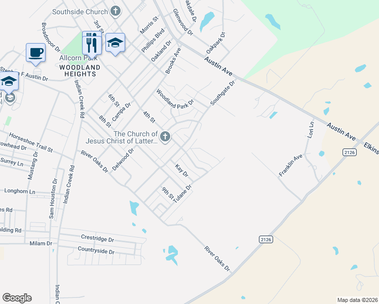 map of restaurants, bars, coffee shops, grocery stores, and more near 1506 Southgate Drive in Brownwood
