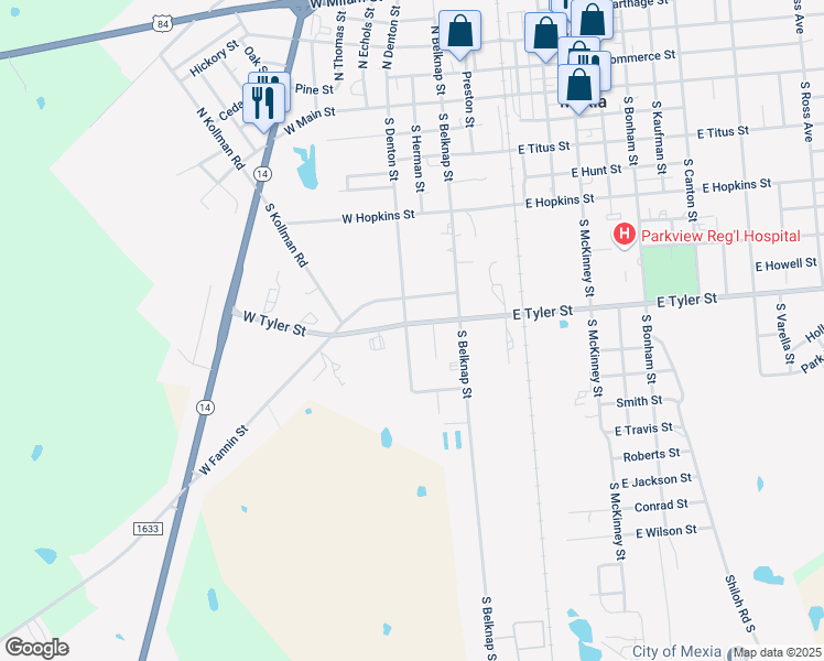 map of restaurants, bars, coffee shops, grocery stores, and more near 709 South Denton Street in Mexia