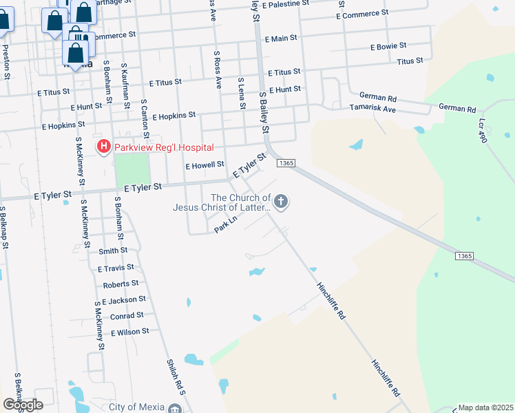 map of restaurants, bars, coffee shops, grocery stores, and more near 838 Park Lane in Mexia