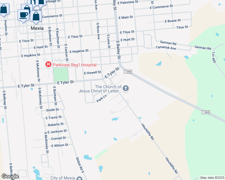 map of restaurants, bars, coffee shops, grocery stores, and more near 838 Park Lane in Mexia