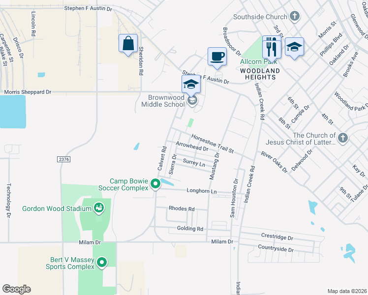 map of restaurants, bars, coffee shops, grocery stores, and more near 3506 Arrowhead Drive in Brownwood