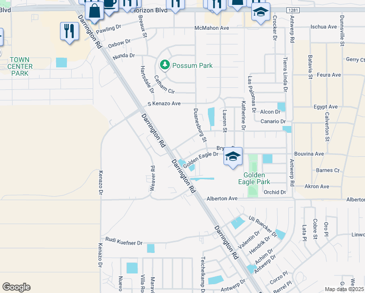 map of restaurants, bars, coffee shops, grocery stores, and more near 14220 Thayer Pease Avenue in Horizon City
