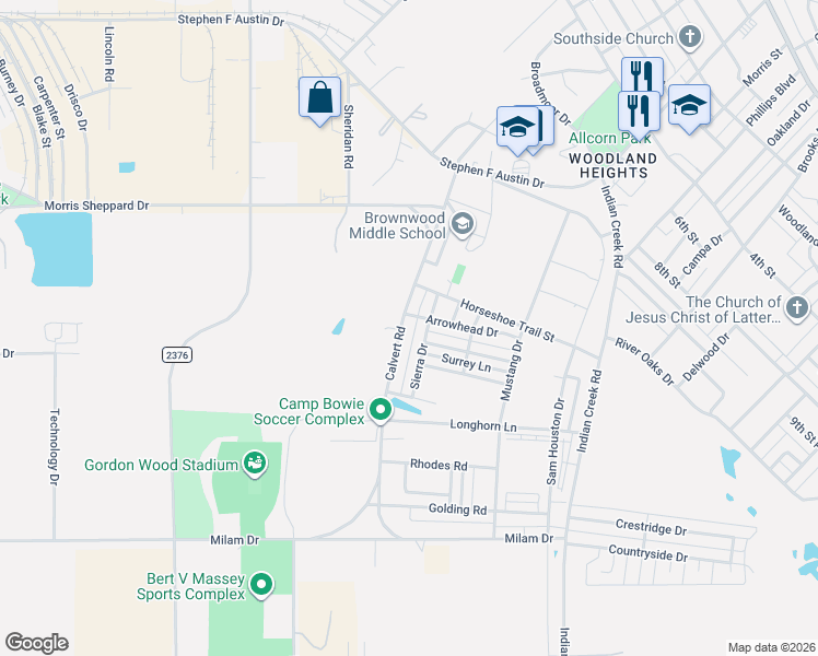 map of restaurants, bars, coffee shops, grocery stores, and more near 1904 Calvert Road in Brownwood