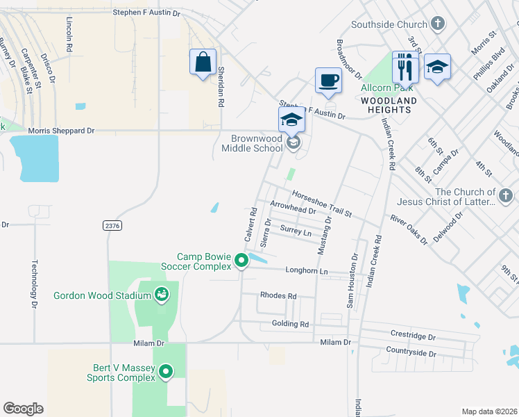 map of restaurants, bars, coffee shops, grocery stores, and more near 1904 Calvert Road in Brownwood