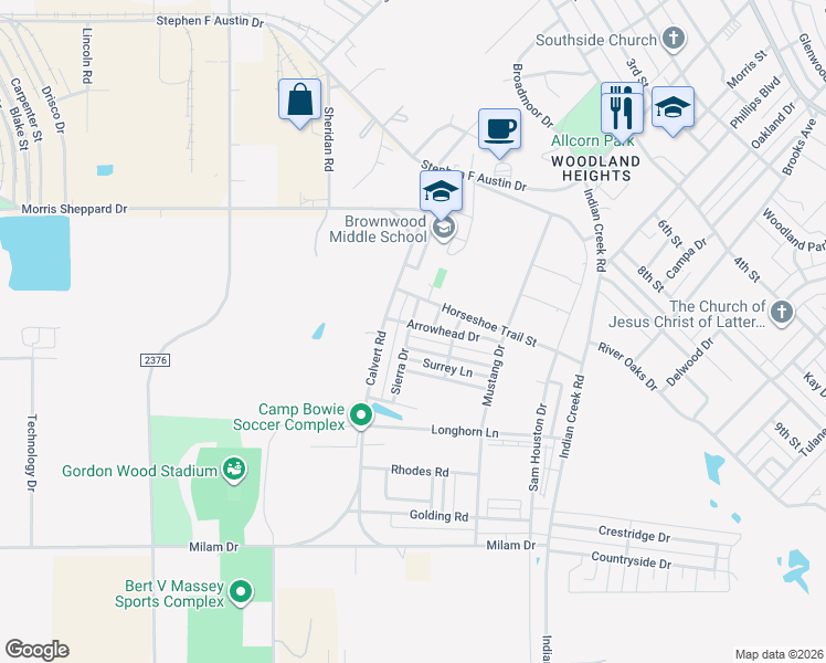 map of restaurants, bars, coffee shops, grocery stores, and more near 3506 Arrowhead Drive in Brownwood