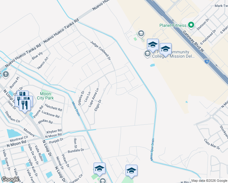 map of restaurants, bars, coffee shops, grocery stores, and more near 800 North Moon Road in Socorro