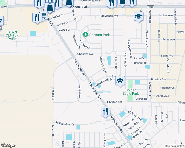 map of restaurants, bars, coffee shops, grocery stores, and more near 14220 Thayer Pease Avenue in Horizon City