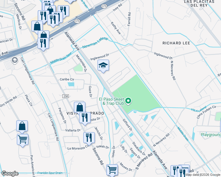 map of restaurants, bars, coffee shops, grocery stores, and more near 9781 Gifford Drive in El Paso
