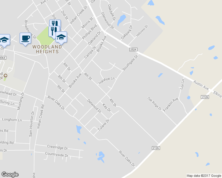 map of restaurants, bars, coffee shops, grocery stores, and more near 1506 Southgate Drive in Brownwood