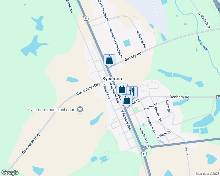 map of restaurants, bars, coffee shops, grocery stores, and more near 151 Mattie Avenue in Sycamore