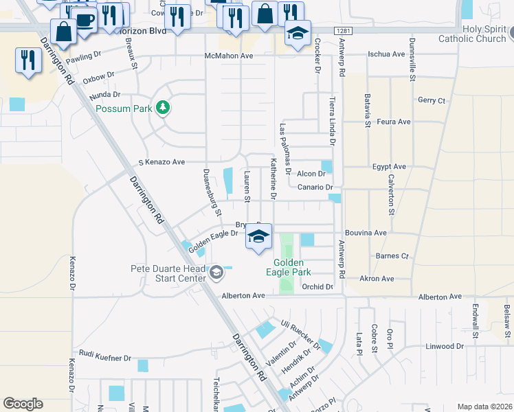 map of restaurants, bars, coffee shops, grocery stores, and more near 505 Von Bargen Drive in Horizon City