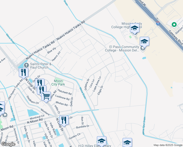 map of restaurants, bars, coffee shops, grocery stores, and more near 779 Grijalva Drive in Socorro