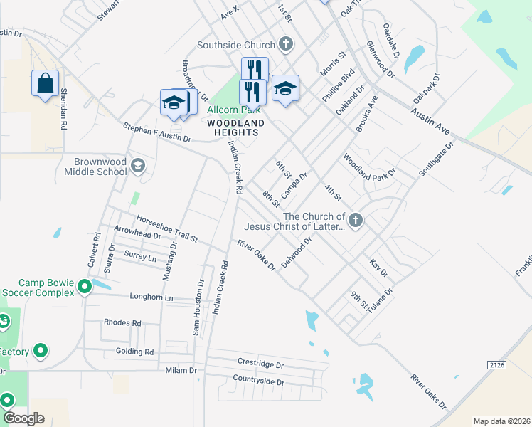 map of restaurants, bars, coffee shops, grocery stores, and more near 4107 8th Street in Brownwood