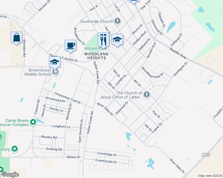 map of restaurants, bars, coffee shops, grocery stores, and more near 4107 8th Street in Brownwood