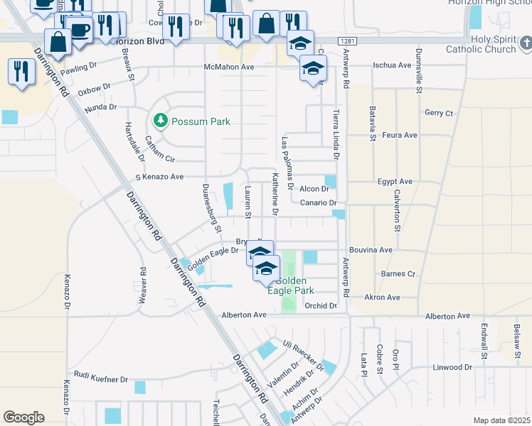 map of restaurants, bars, coffee shops, grocery stores, and more near 453 Von Bargen Drive in Horizon City