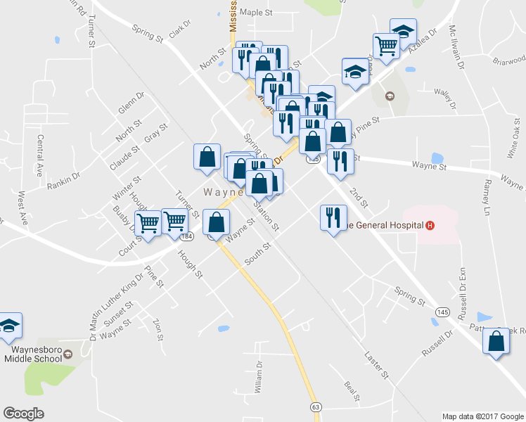 map of restaurants, bars, coffee shops, grocery stores, and more near Wayne Street in Waynesboro
