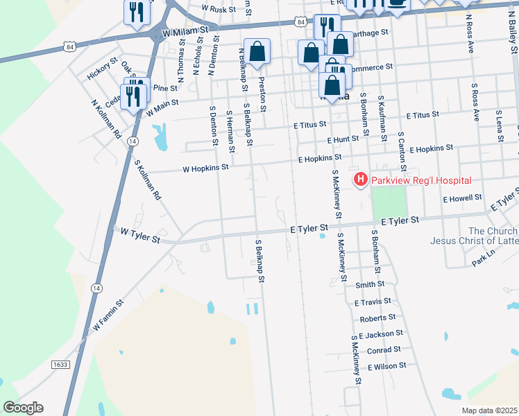 map of restaurants, bars, coffee shops, grocery stores, and more near 599 South Belknap Street in Mexia