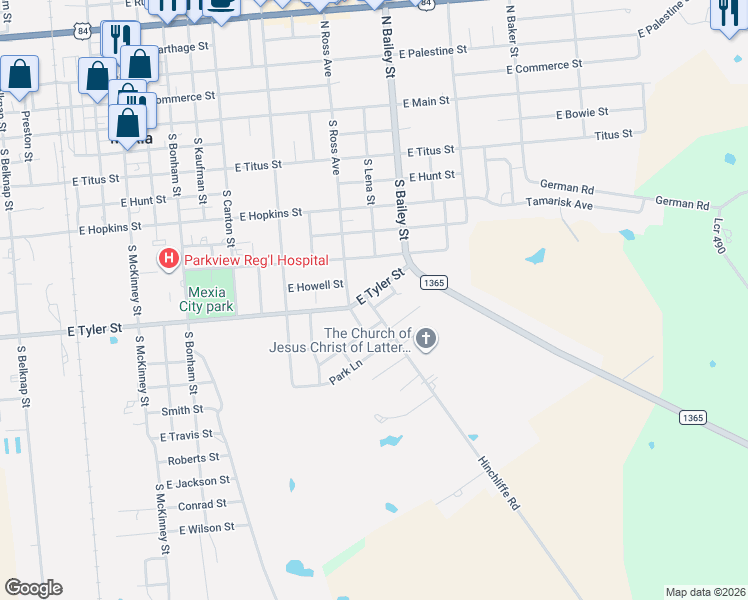 map of restaurants, bars, coffee shops, grocery stores, and more near 805 South Ross Avenue in Mexia