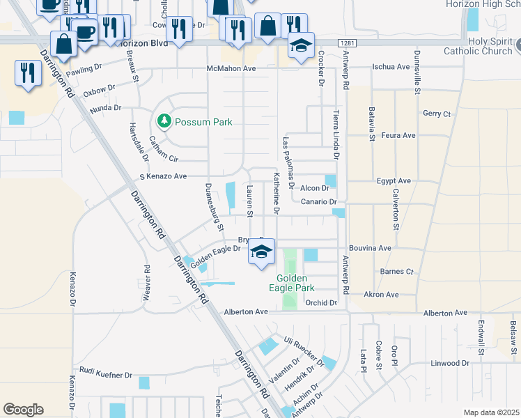 map of restaurants, bars, coffee shops, grocery stores, and more near 453 Von Bargen Drive in Horizon City