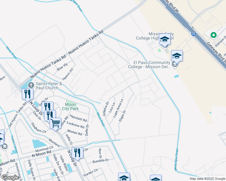map of restaurants, bars, coffee shops, grocery stores, and more near 779 Grijalva Drive in Socorro