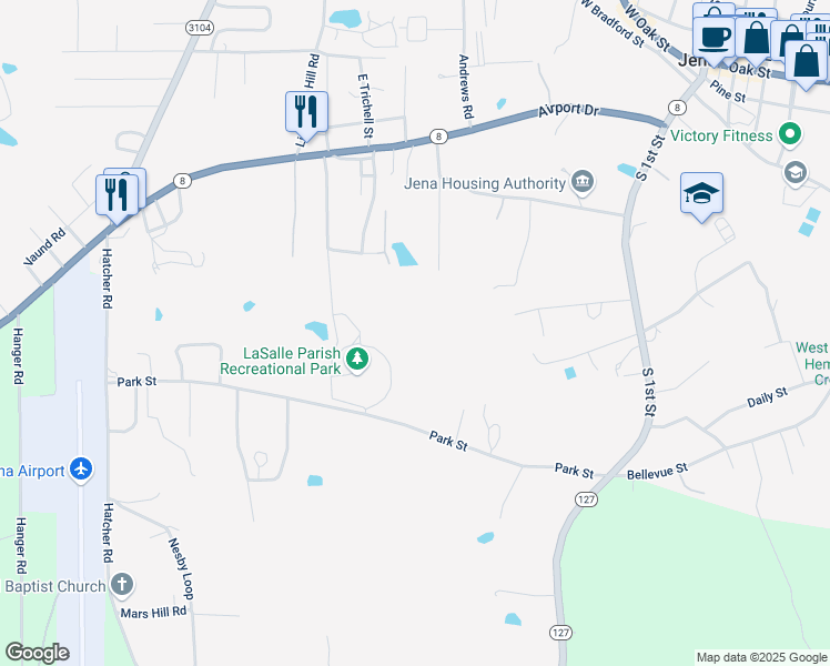 map of restaurants, bars, coffee shops, grocery stores, and more near 2615 Highway 459 in Jena