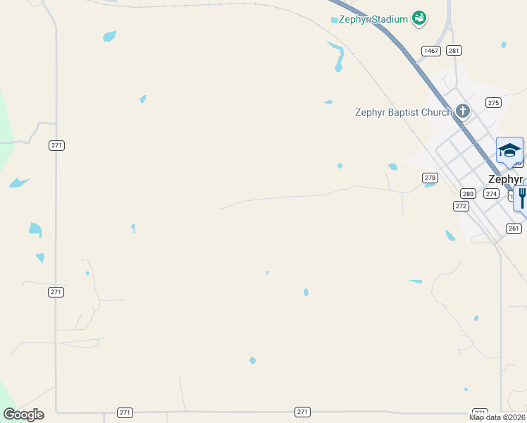 map of restaurants, bars, coffee shops, grocery stores, and more near County Road 278 in Zephyr