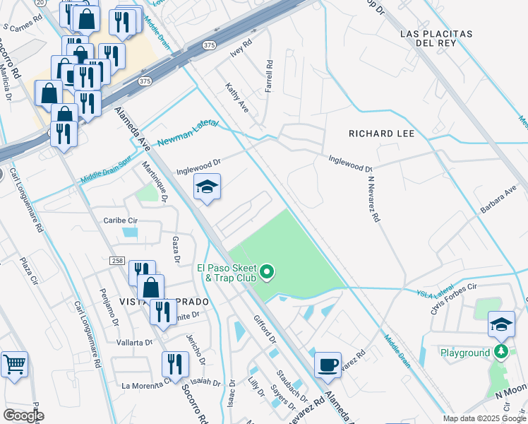 map of restaurants, bars, coffee shops, grocery stores, and more near A Street in El Paso