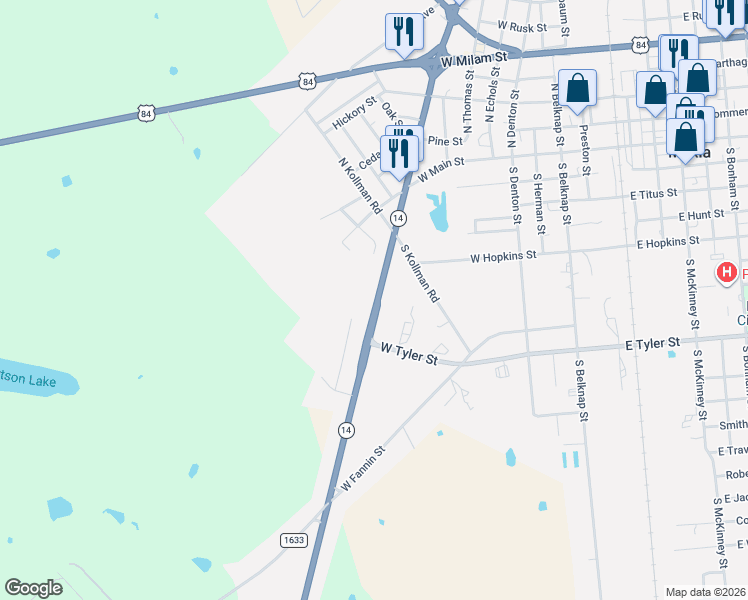 map of restaurants, bars, coffee shops, grocery stores, and more near 265-299 Texas 14 in Mexia