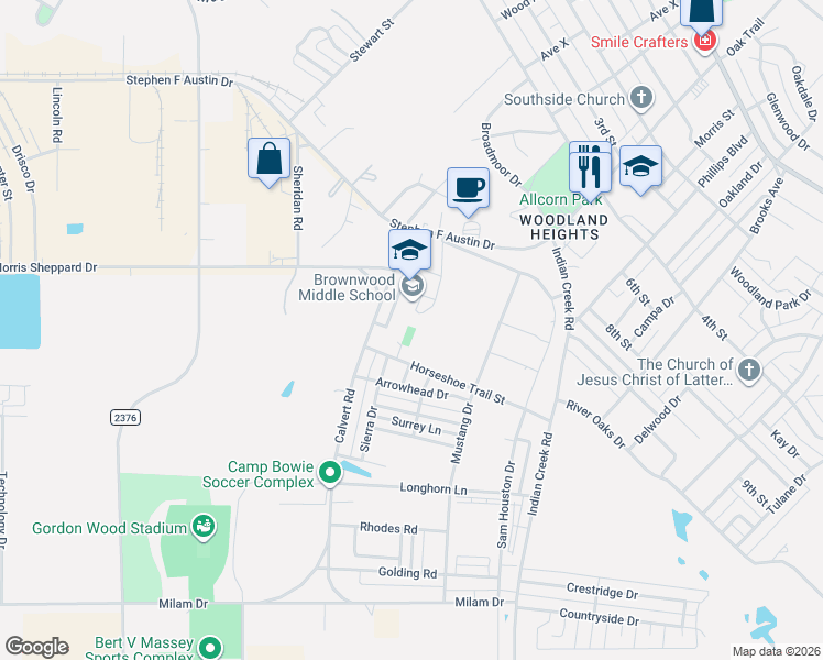 map of restaurants, bars, coffee shops, grocery stores, and more near 1600 Calvert Road in Brownwood