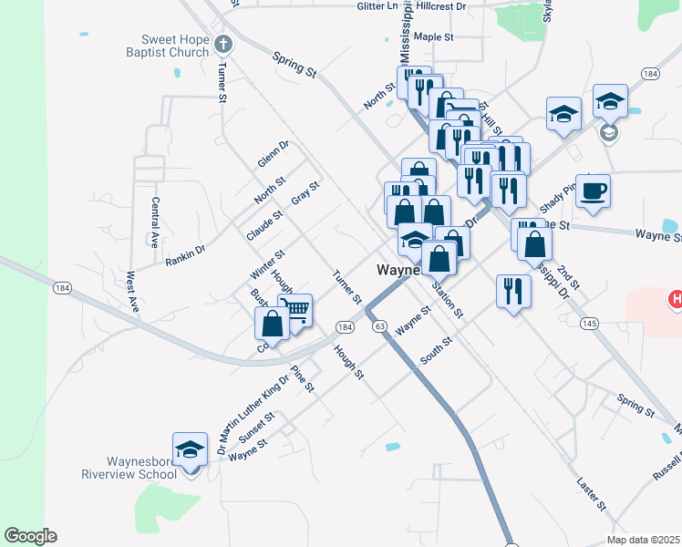 map of restaurants, bars, coffee shops, grocery stores, and more near 900 Turner Street in Waynesboro