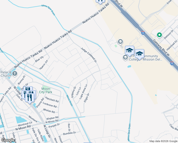 map of restaurants, bars, coffee shops, grocery stores, and more near 799 Grijalva Drive in Socorro