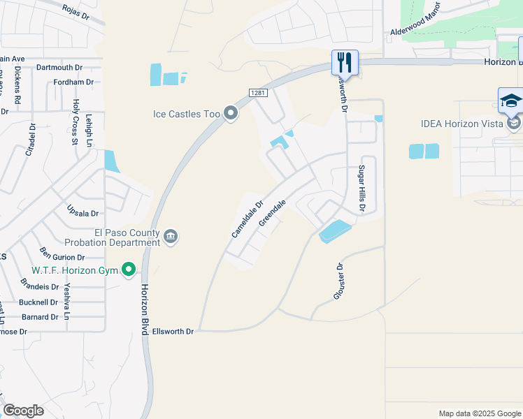 map of restaurants, bars, coffee shops, grocery stores, and more near 13308 Cameldale Drive in El Paso