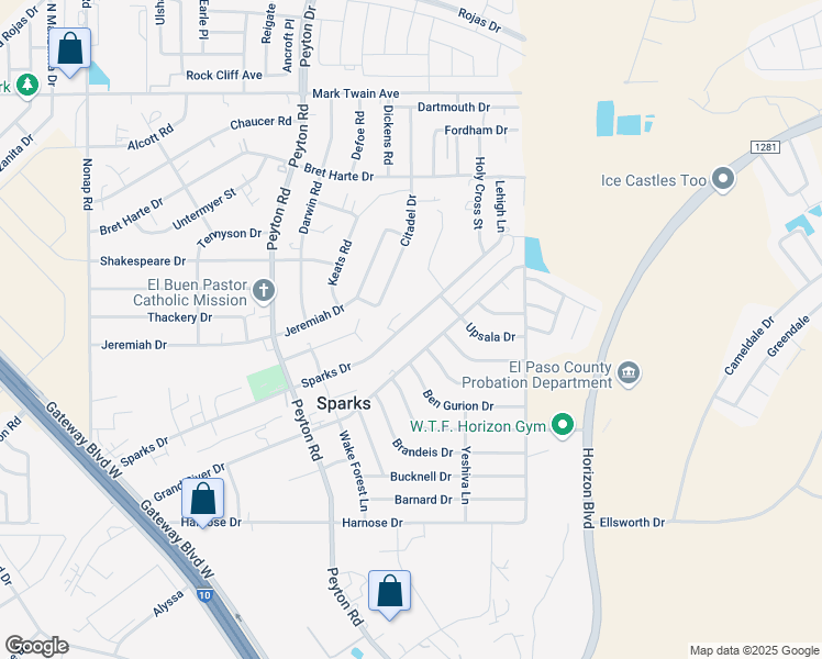 map of restaurants, bars, coffee shops, grocery stores, and more near 13048 Sparks Drive in El Paso