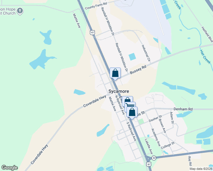 map of restaurants, bars, coffee shops, grocery stores, and more near 381 North Railroad Avenue in Sycamore
