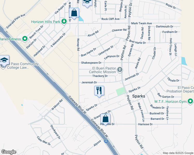 map of restaurants, bars, coffee shops, grocery stores, and more near 12772 Thackery Drive in El Paso