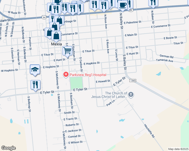 map of restaurants, bars, coffee shops, grocery stores, and more near East Glendale Street in Mexia