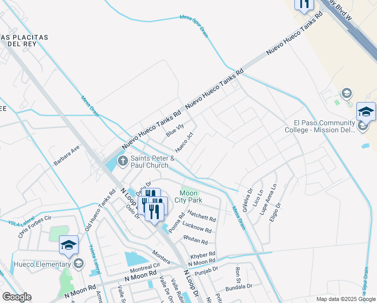 map of restaurants, bars, coffee shops, grocery stores, and more near 10092 Hueco Junction in Socorro