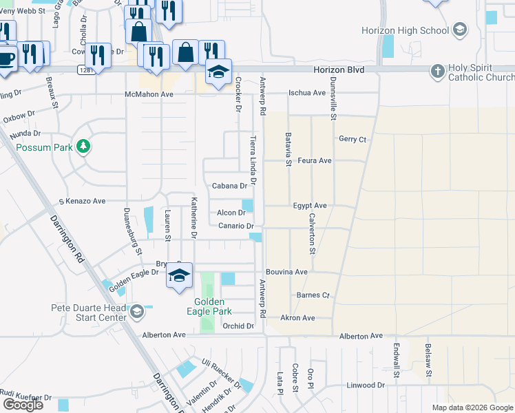 map of restaurants, bars, coffee shops, grocery stores, and more near 440 Tierra Linda Drive in Horizon City