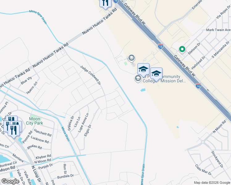 map of restaurants, bars, coffee shops, grocery stores, and more near 10164 Rain Cloud Drive in Socorro