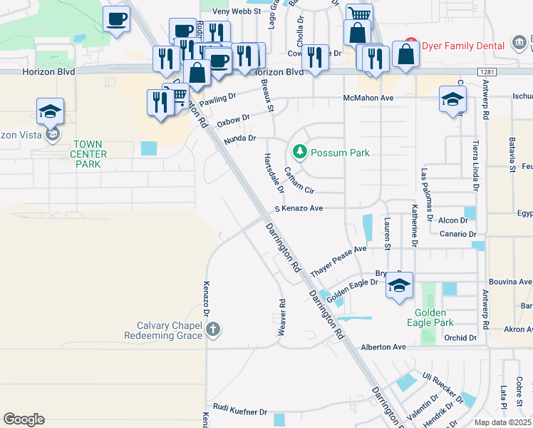 map of restaurants, bars, coffee shops, grocery stores, and more near Darrington Road in El Paso